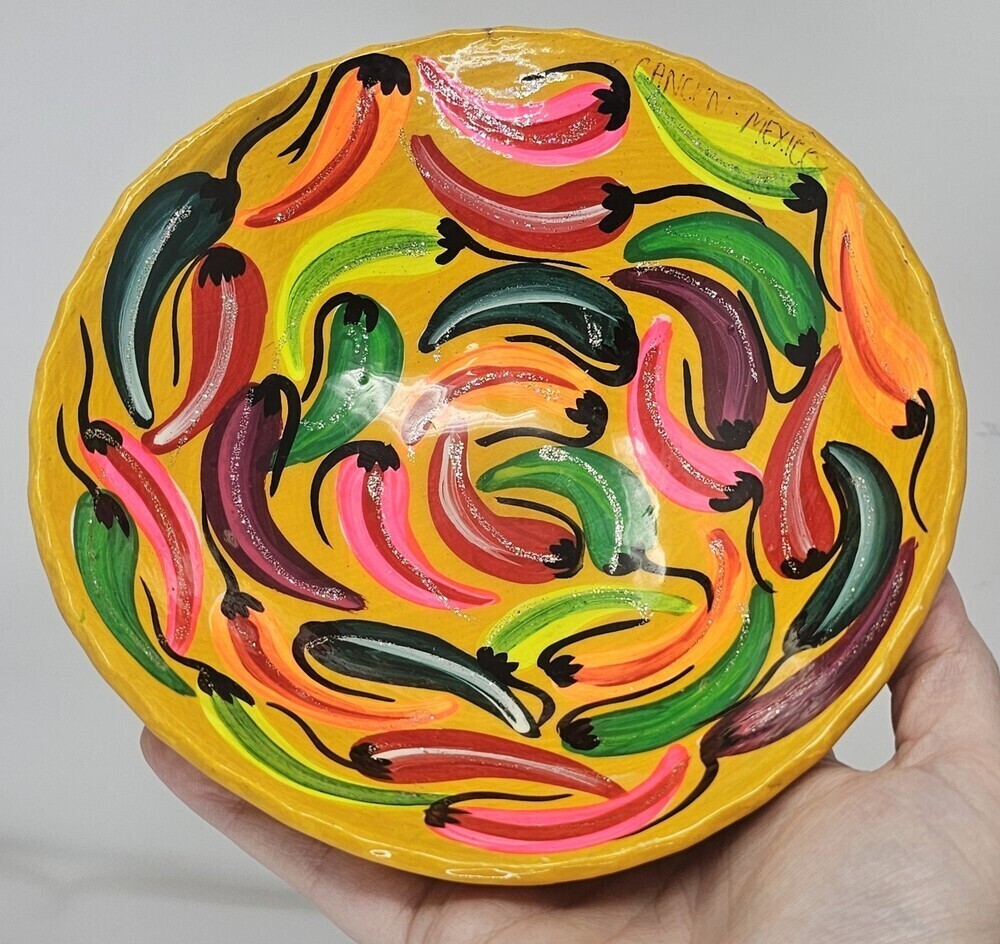 Mexican Folk Art Pottery Footed Bowl Hand Painted Dish Chili Pepper Motif Bright - Picture 2 of 10